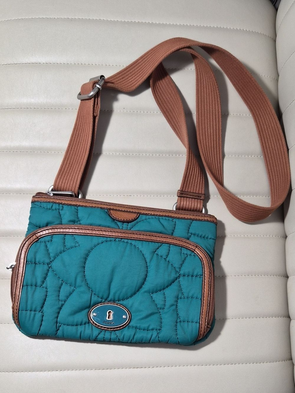 Fossil Teal Quilted Crossbody with Tan Strap